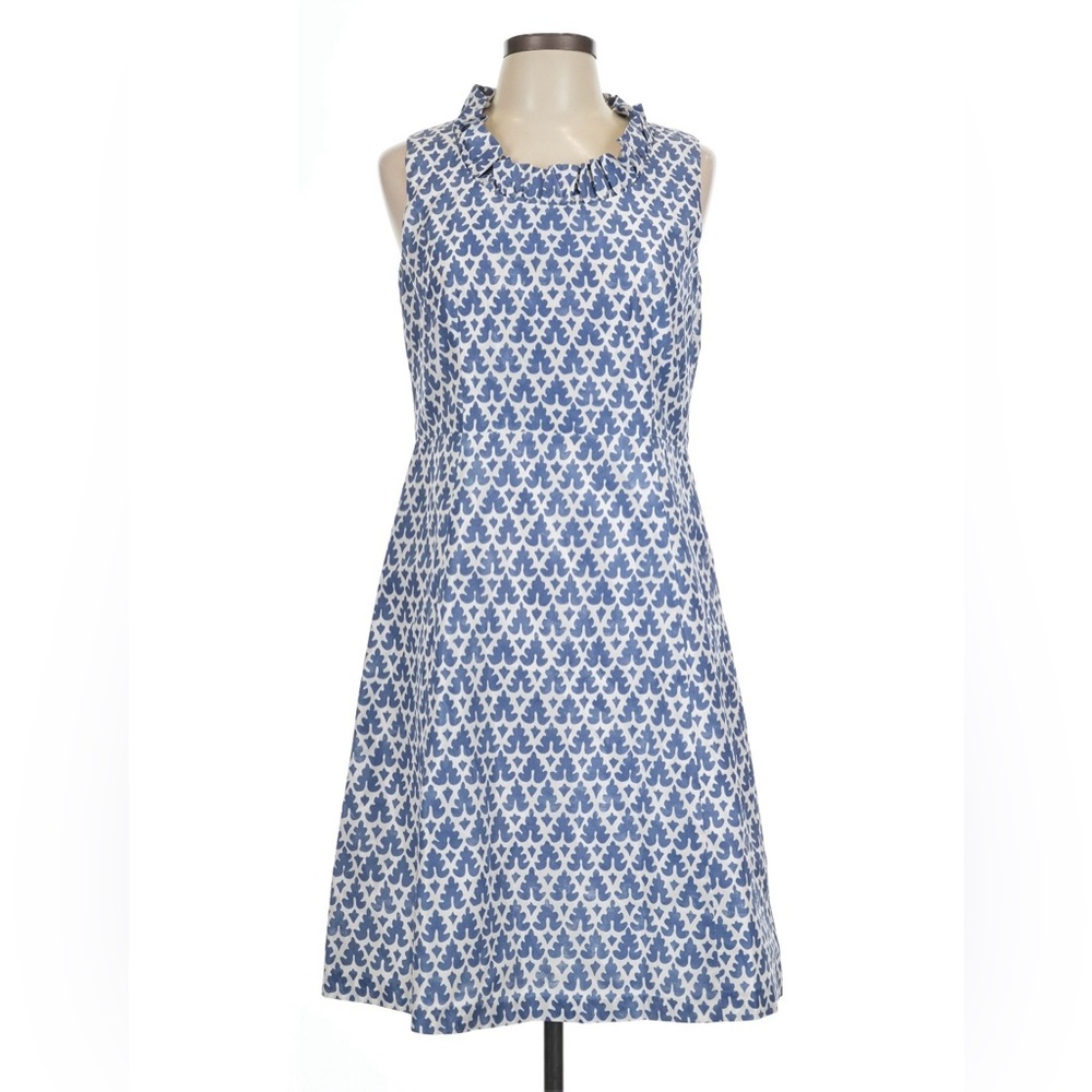 Quadrille Blue & White Printed Sleeveless with Ruffle Collar Dress Size 10